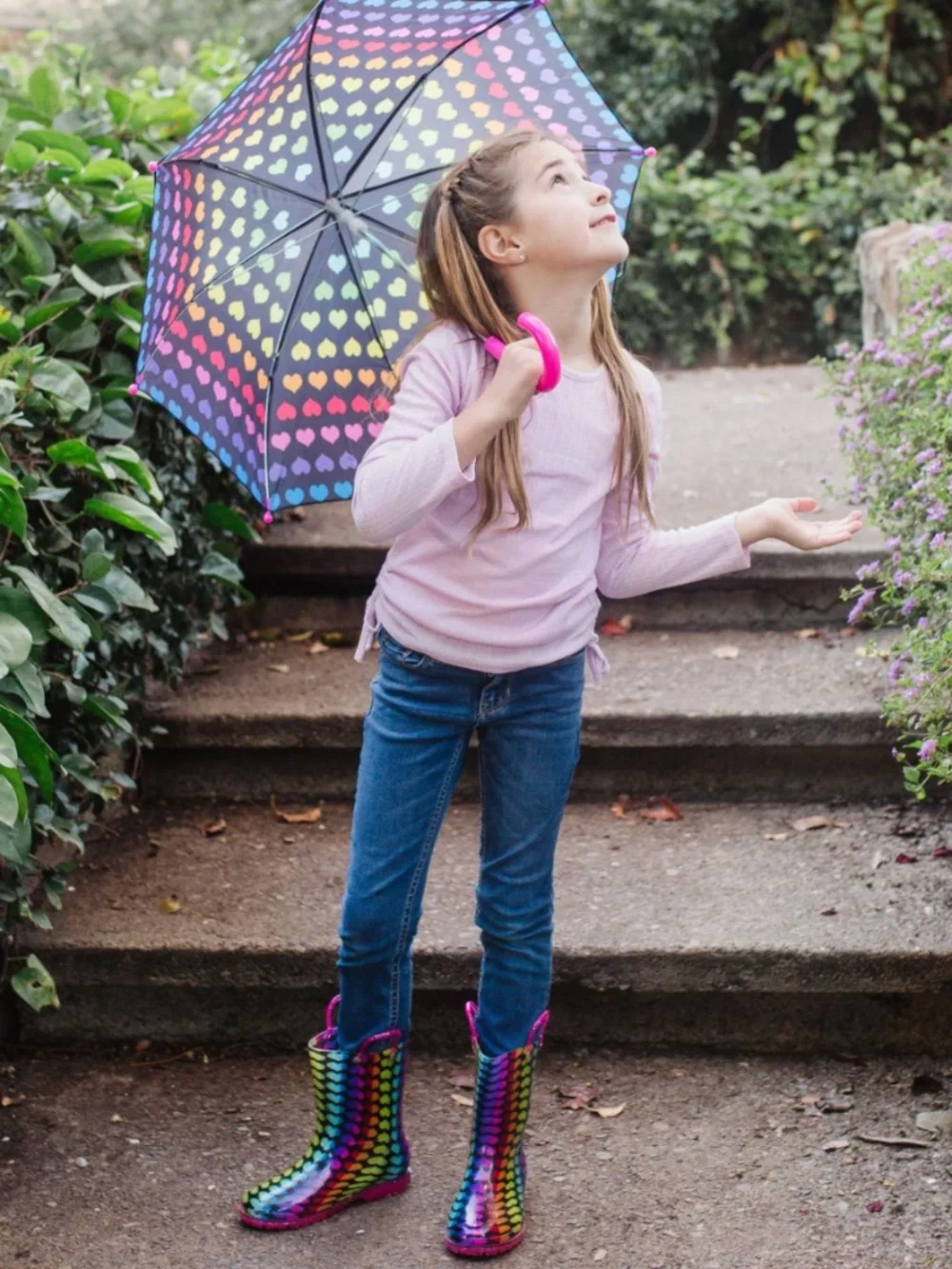 Wildkin Girls Size 3 Rainbow Hearts Waterproof Rain Boots EUC